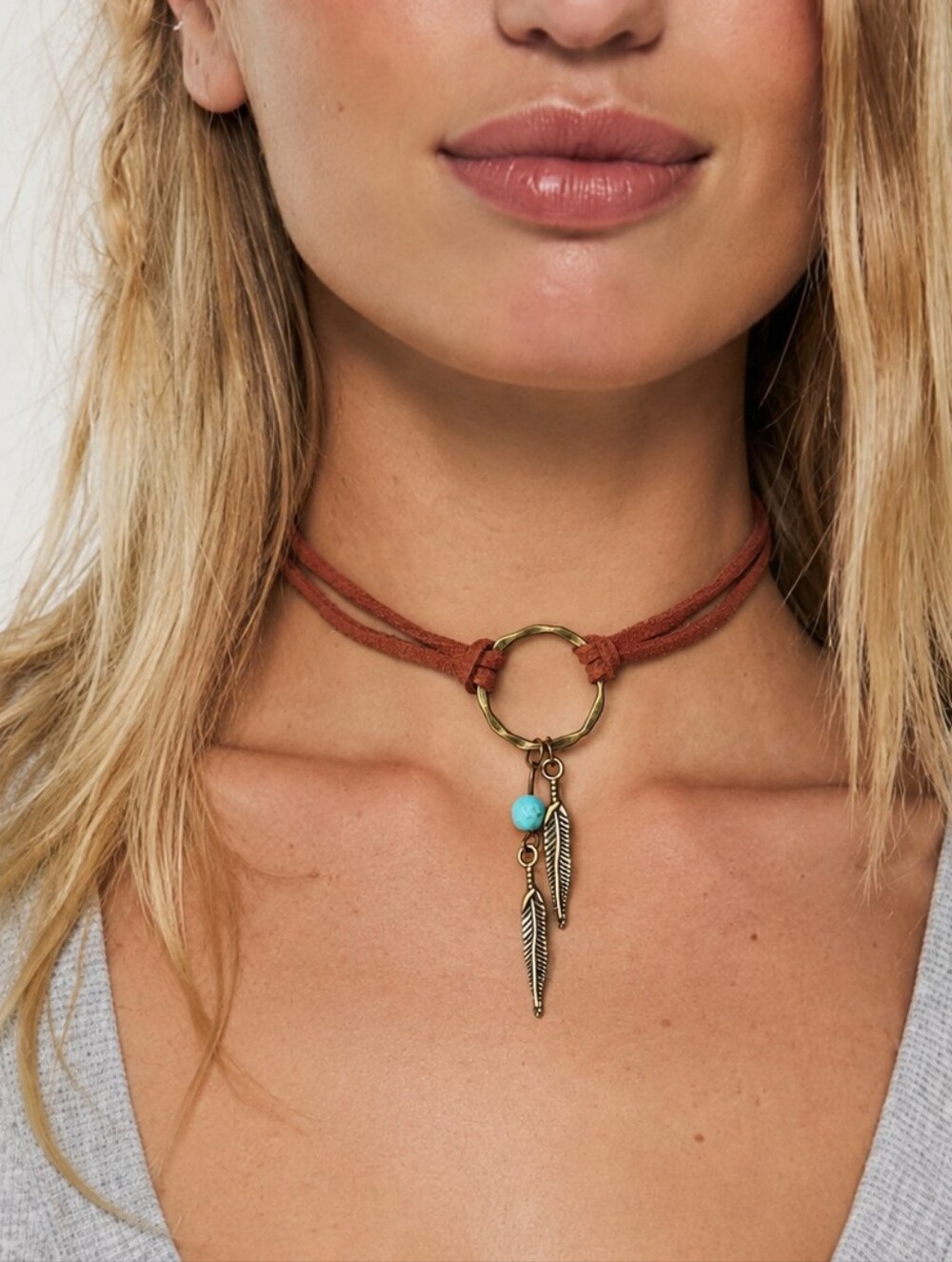 FP Jewelry Leather Choker Turquoise Pendant Feather Antique Gold Necklace